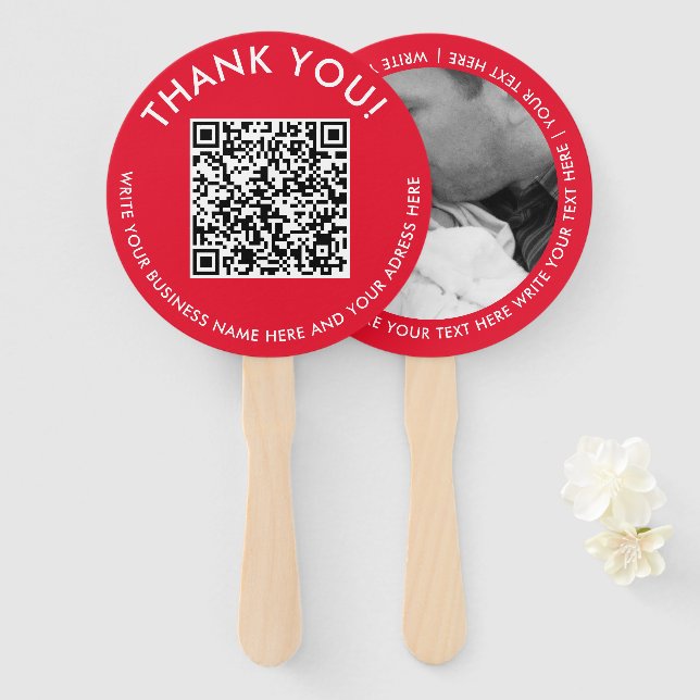 Simple Red White Digital Contact QR Code Photo Hand Fan (Front and Back)