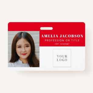 Simple Red White Employee Photo ID Logo Barcode ID Badge