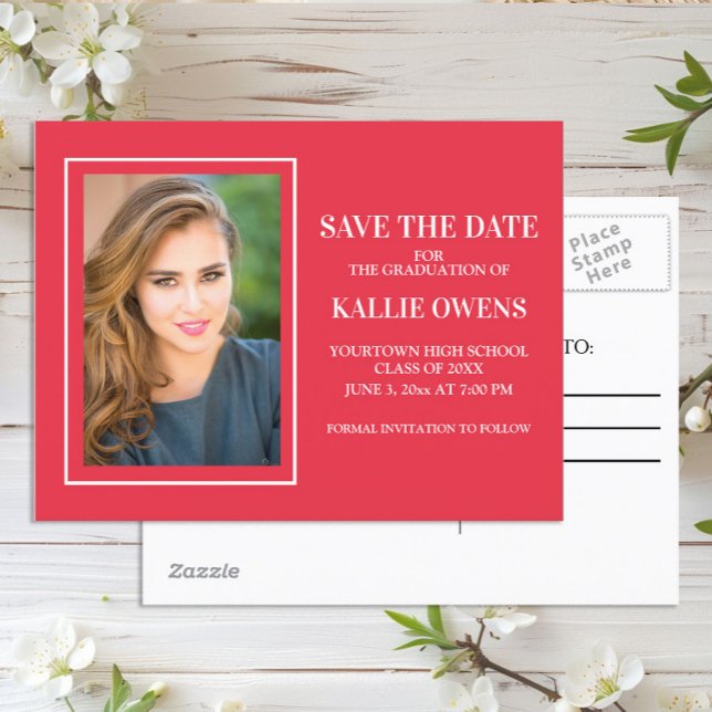 Simple Red White Graduation Save the Date Announcement Postcard (Red graduation photo Save the Date postcard)