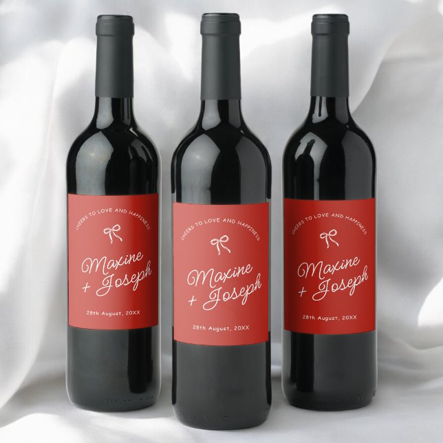 Simple Red & White Hand Drawn Bow Sketch Wedding Wine Label (Simple red and white wedding wine label adds heartfelt charm to your celebration.)