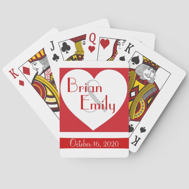 Simple red white heart wedding playing cards (Back)