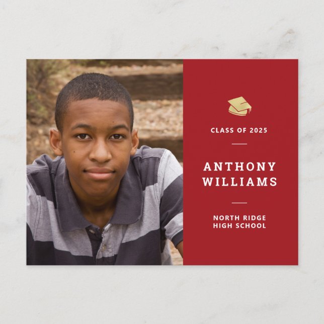 Simple Red & White Modern Photo Graduation Postcard (Front)
