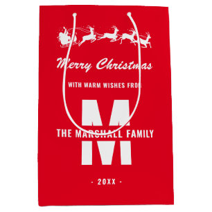 Simple Red White Monogram Family Name Christmas Medium Gift Bag