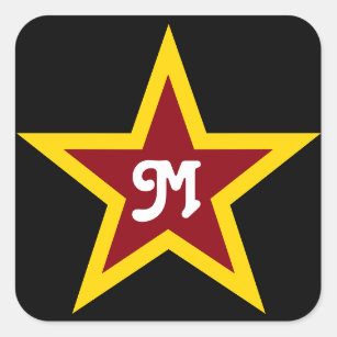 Simple Red & Yellow Star Custom Monogram on Black Square Sticker