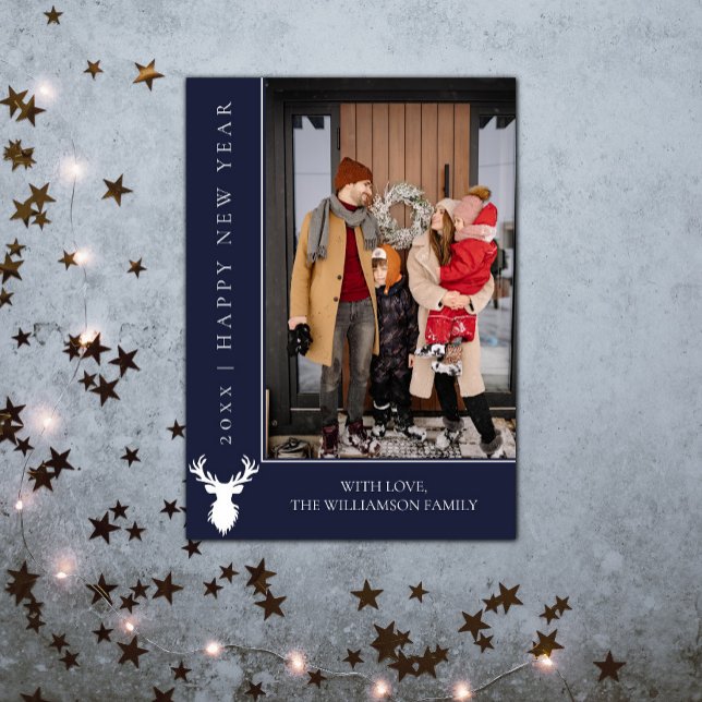 Simple Reindeer New Year's Photo Card | Blue (Simple Reindeer New Years Photo Card - Blue)