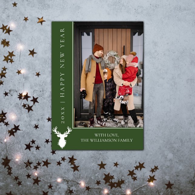 Simple Reindeer New Year's Photo Card | Green (Simple Reindeer New Years Photo Card - Green)