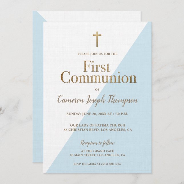 SImple Religious Gold Blue First Holy Communion Invitation (Front/Back)