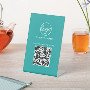 Simple Restaurant Menu Business Logo QR Code Teal Pedestal Sign