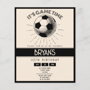 Simple Retro Black Soccer Budget Birthday Invite