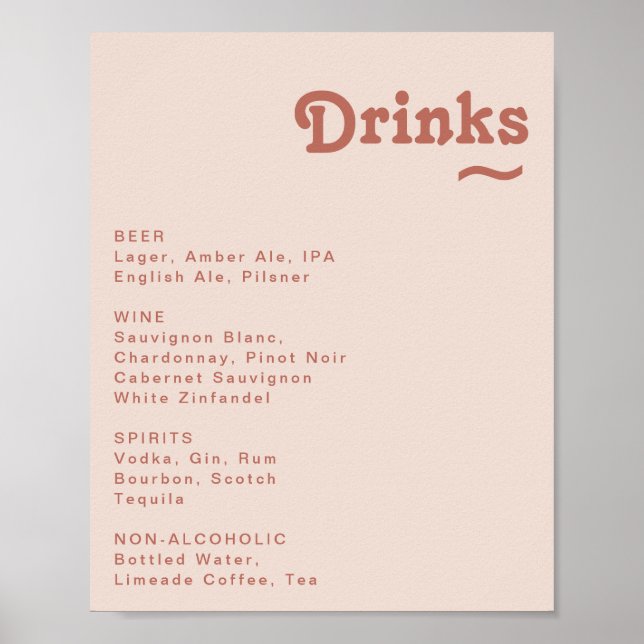 Simple Retro | Blush Pink Wedding Drinks Menu Sign (Front)