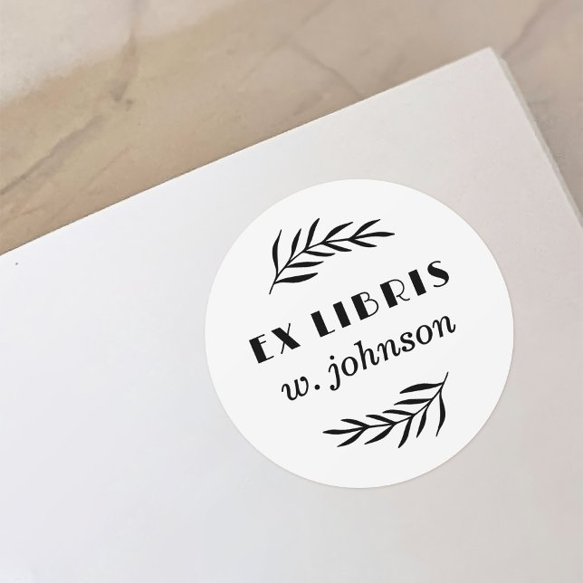 Simple Retro Botanical Branch Ex Libris Bookplate Classic Round Sticker (Creator Uploaded)