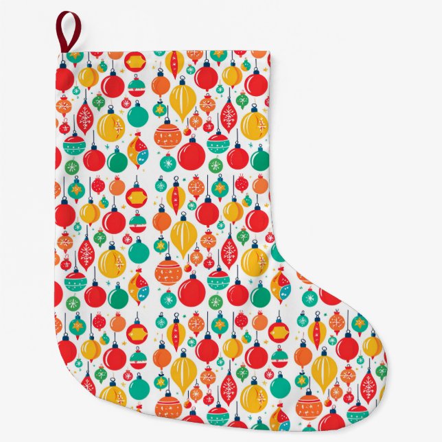 Simple Retro colourful Christmas Ornament Pattern Large Christmas Stocking (Front)