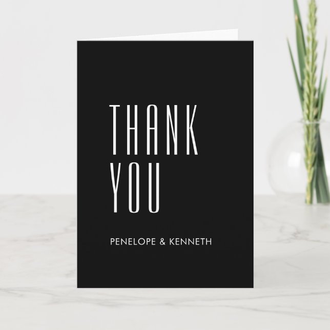 Simple Retro Custom Names Wedding Solid Black Thank You Card (Front)