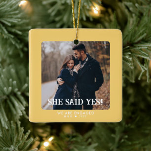Simple Retro First Christmas Engaged Custom Photo Ceramic Ornament