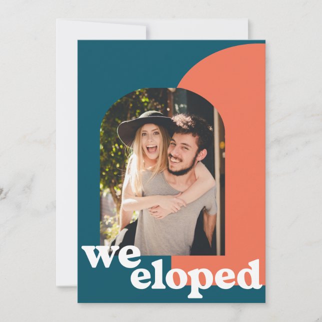 Simple Retro Geometric Photo Teal We Eloped Party Announcement (Front)