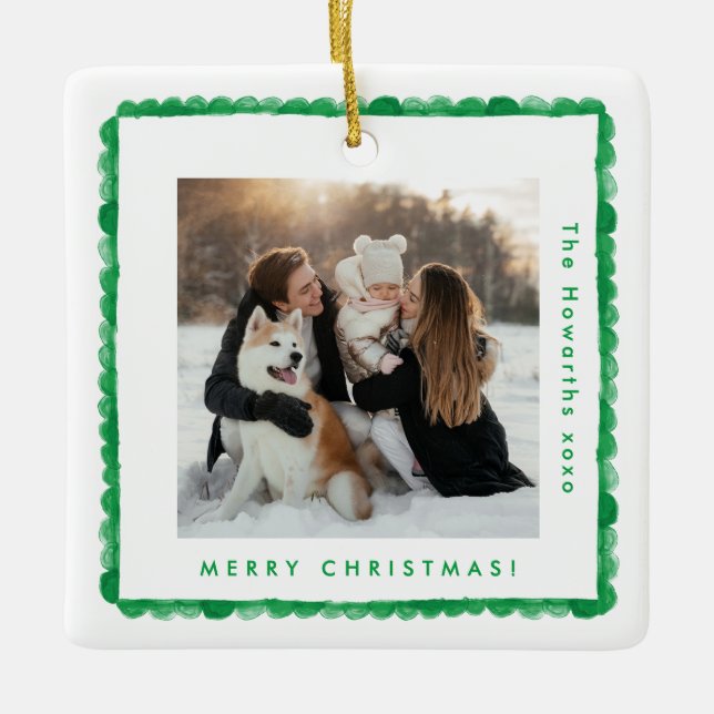 simple retro green frame photo square christmas ceramic ornament (Front)