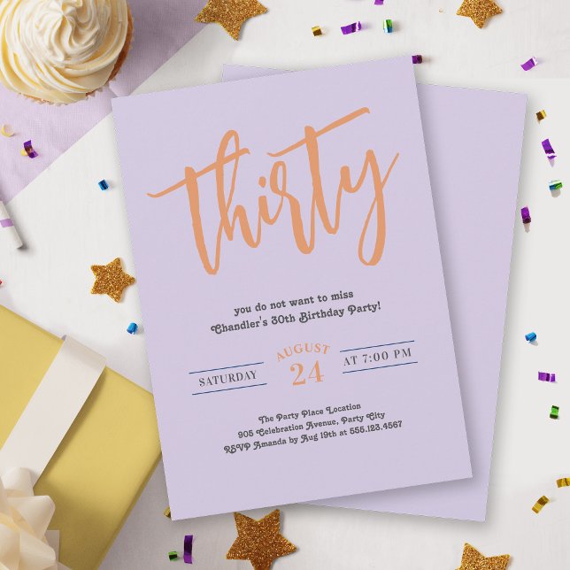 Simple Retro Lilac and Orange 30th Birthday Party Invitation (Celebrate thirty in style with this simple birthday party invite with a retro groovy vibe.)