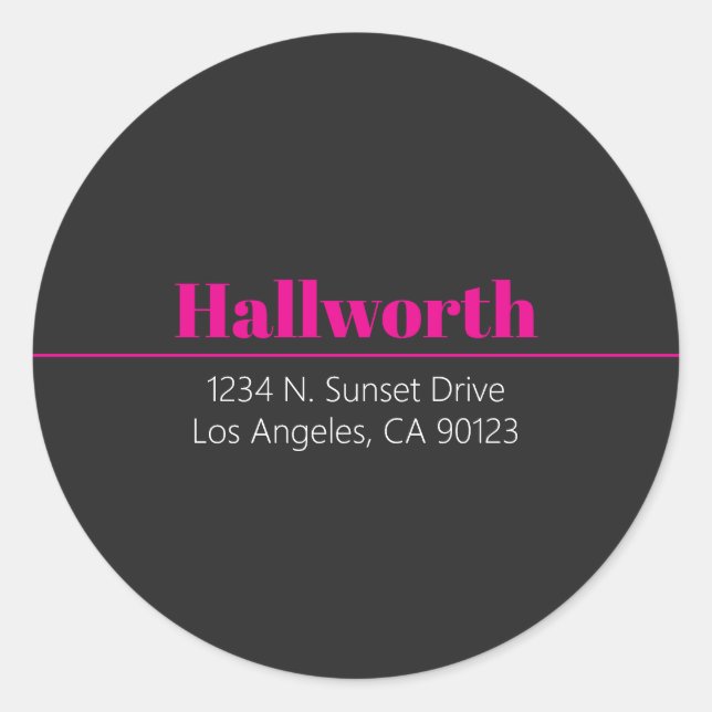 Simple Retro-Modern Pink & Off Black Address  Classic Round Sticker (Front)