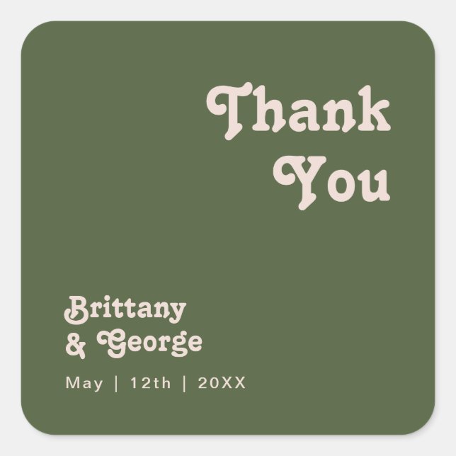 Simple Retro | Olive Green Thank You Wedding Favou Square Sticker (Front)