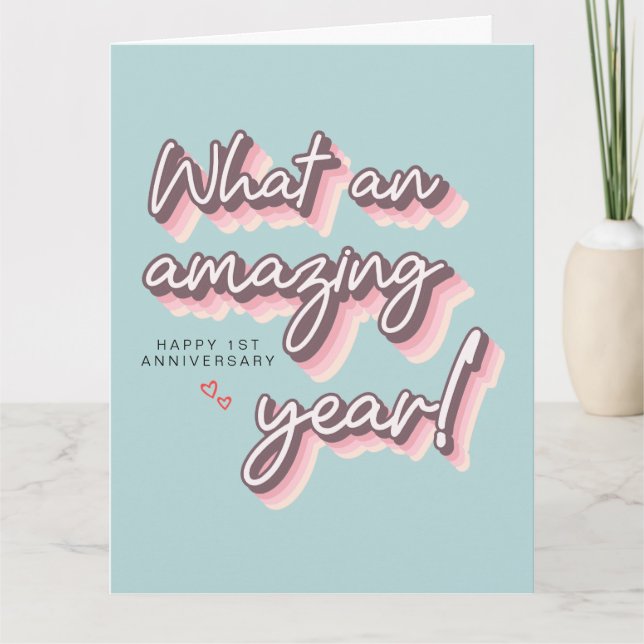Simple Retro Pink Pastel happy 1st Anniversary Card (Front)