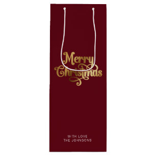 Simple Retro Script Red Gold Merry Christmas Wine Gift Bag