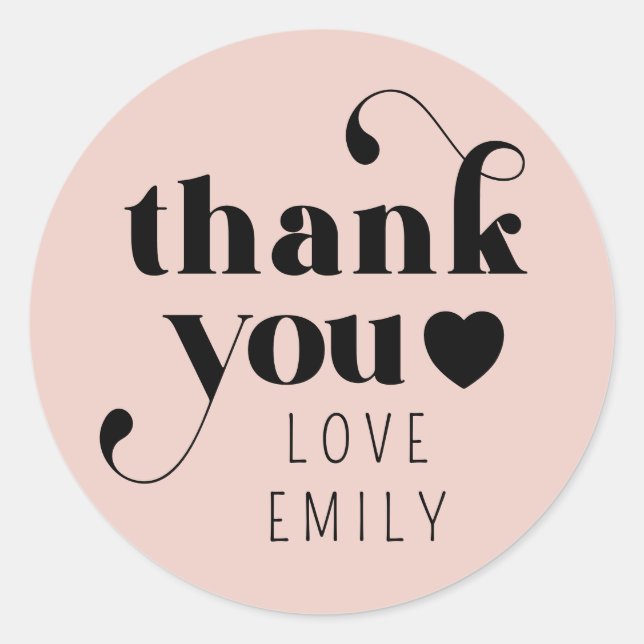 Simple Retro Thank You Heart | Pink Black  Classic Round Sticker (Front)