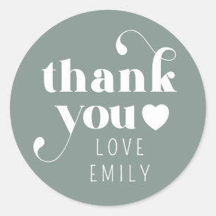 Simple Retro Thank You Heart   Sage Green  Classic Round Sticker