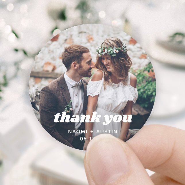 Simple Retro Typography & Photo Wedding Thank You Classic Round Sticker (Creator Uploaded)