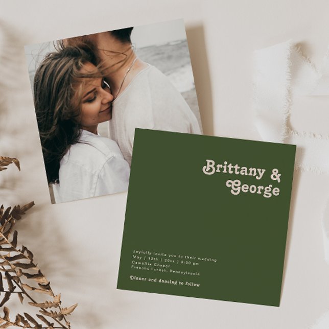 Simple Retro Vibe Olive Green Square Photo Wedding Invitation (Creator Uploaded)