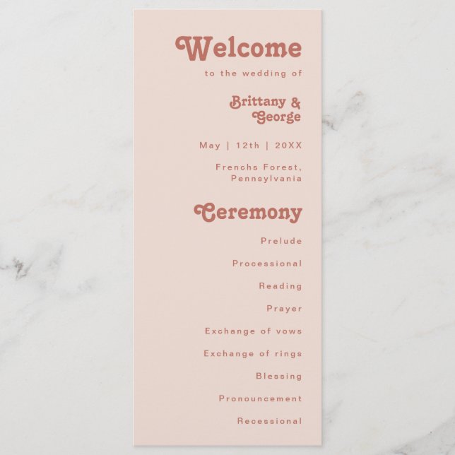 Simple Retro Vibes | Blush Pink Wedding Program (Front)
