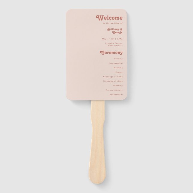 Simple Retro Vibes | Blush Pink Wedding Program Hand Fan (Front)