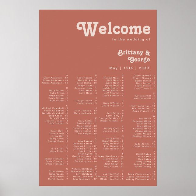 Simple Retro Vibes | Old Rose Alphabetical Seating Poster (Front)