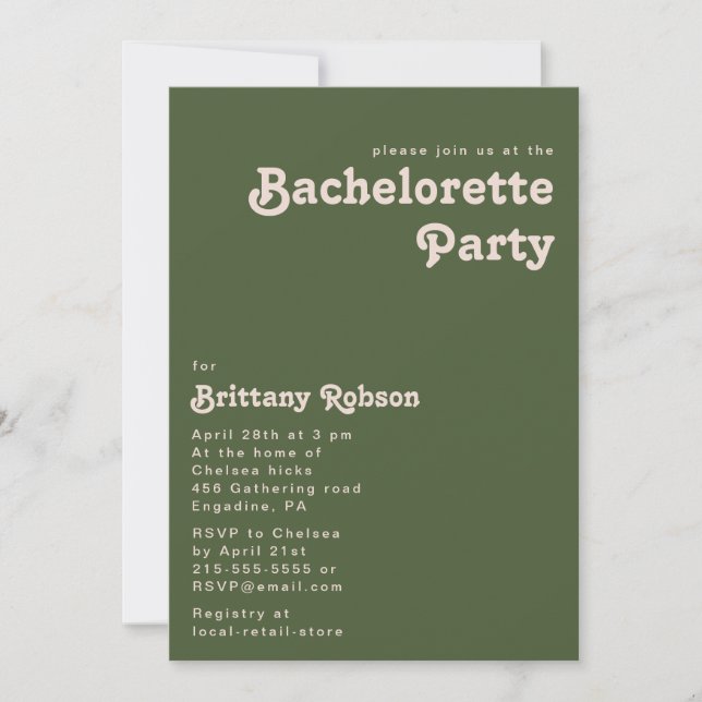 Simple Retro Vibes Olive Green Bachelorette Party Invitation (Front)