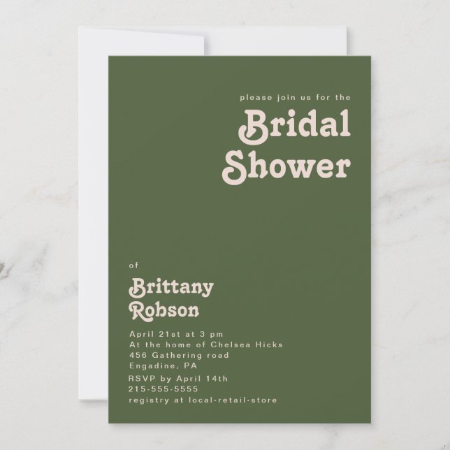 Simple Retro Vibes | Olive Green Bridal Shower Invitation (Front)