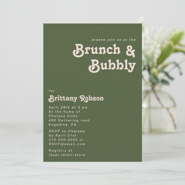 Simple Retro Vibes | Olive Green Brunch and Bubbly Invitation (Standing Front)