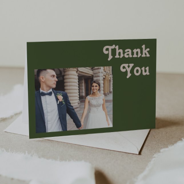 Simple Retro Vibes | Olive Green Folded Photo Thank You Card (Creator Uploaded)