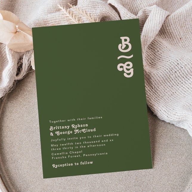 Simple Retro Vibes | Olive Green Monogram Wedding Invitation (Creator Uploaded)