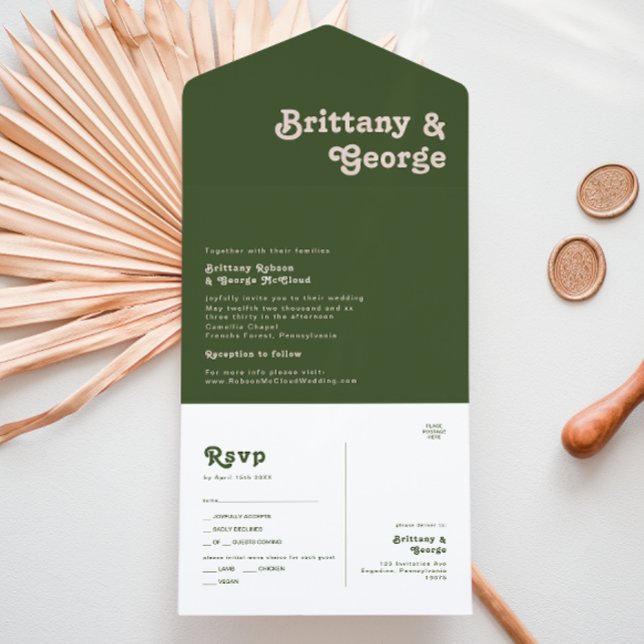 Simple Retro Vibes | Olive Green Seal and Send All In One Invitation (Creator Uploaded)