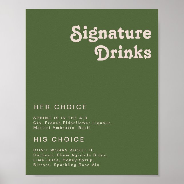 Simple Retro Vibes | Olive Green Signature Drinks Poster (Front)