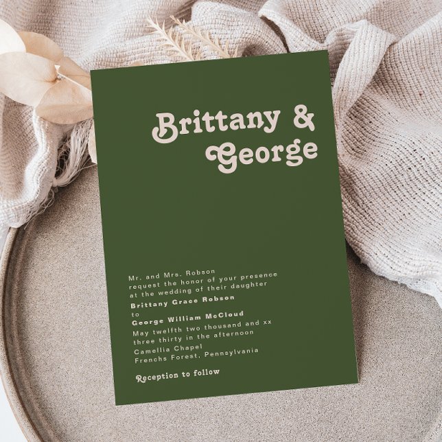 Simple Retro Vibes Olive Green Traditional Wedding Invitation (Creator Uploaded)
