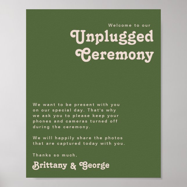 Simple Retro Vibes Olive Green Unplugged Ceremony Poster (Front)