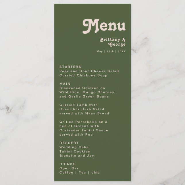 Simple Retro Vibes | Olive Green Wedding Dinner Menu (Front)