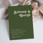 Simple Retro Vibes Olive Green Wedding Invitation<br><div class="desc">This simple retro vibes olive green wedding invitation is perfect for your classic funky vintage earth tones wedding. The design features a minimalist hippie rustic boho font. The neutral southwest desert colour palette and earthy bohemian mid-century lettering combine for a perfect, minimal modern western destination design. Feel free to change...</div>