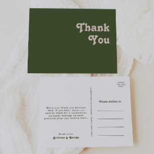 Simple Retro Vibes Olive Green Wedding Thank You Postcard