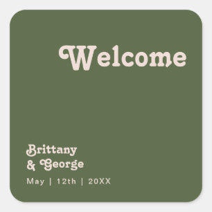 Simple Retro Vibes   Olive Green Wedding Welcome Square Sticker