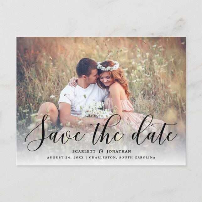 Simple Romance Photo Save the Date | Black Announcement Postcard (Front)