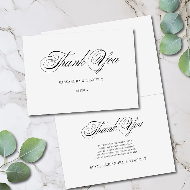 Simple Romantic Black and White Fun Script Wedding Thank You Card (Minimal modern thank-you cards with a vintage flair)