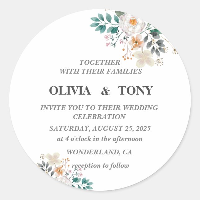  Simple Romantic Floral Wedding  Classic Round Sticker (Front)