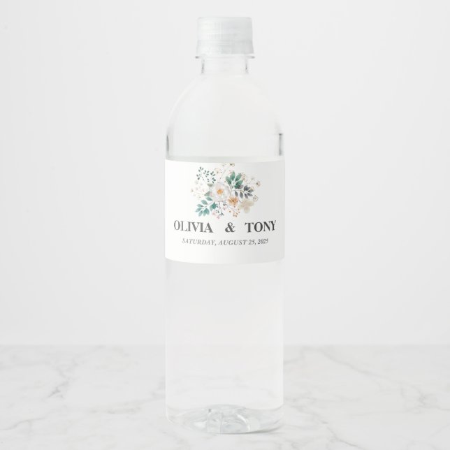  Simple Romantic Floral Wedding Water Bottle Label (Front)