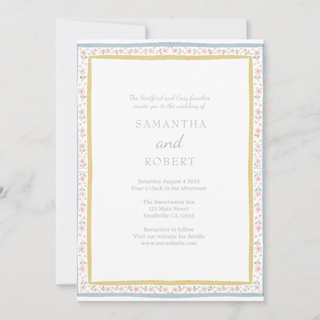 Simple Romantic Pink Yellow Floral Wedding  Invitation (Front)